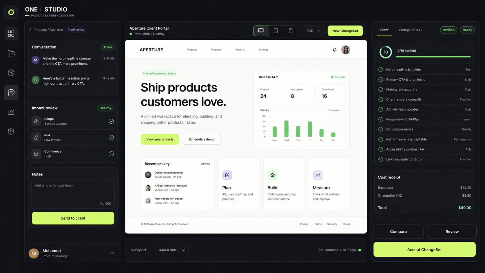 One Studio builder with a plain-language request, private app preview, and review controls